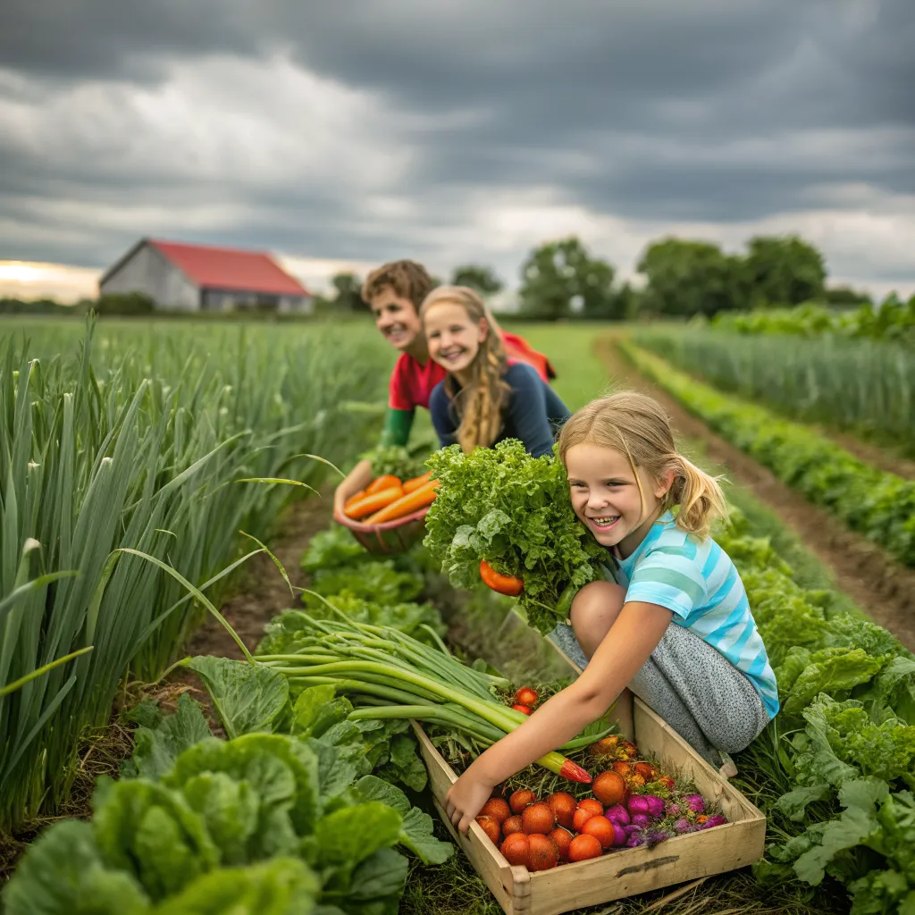 Children harvesting vegetables at DRALETHON farm